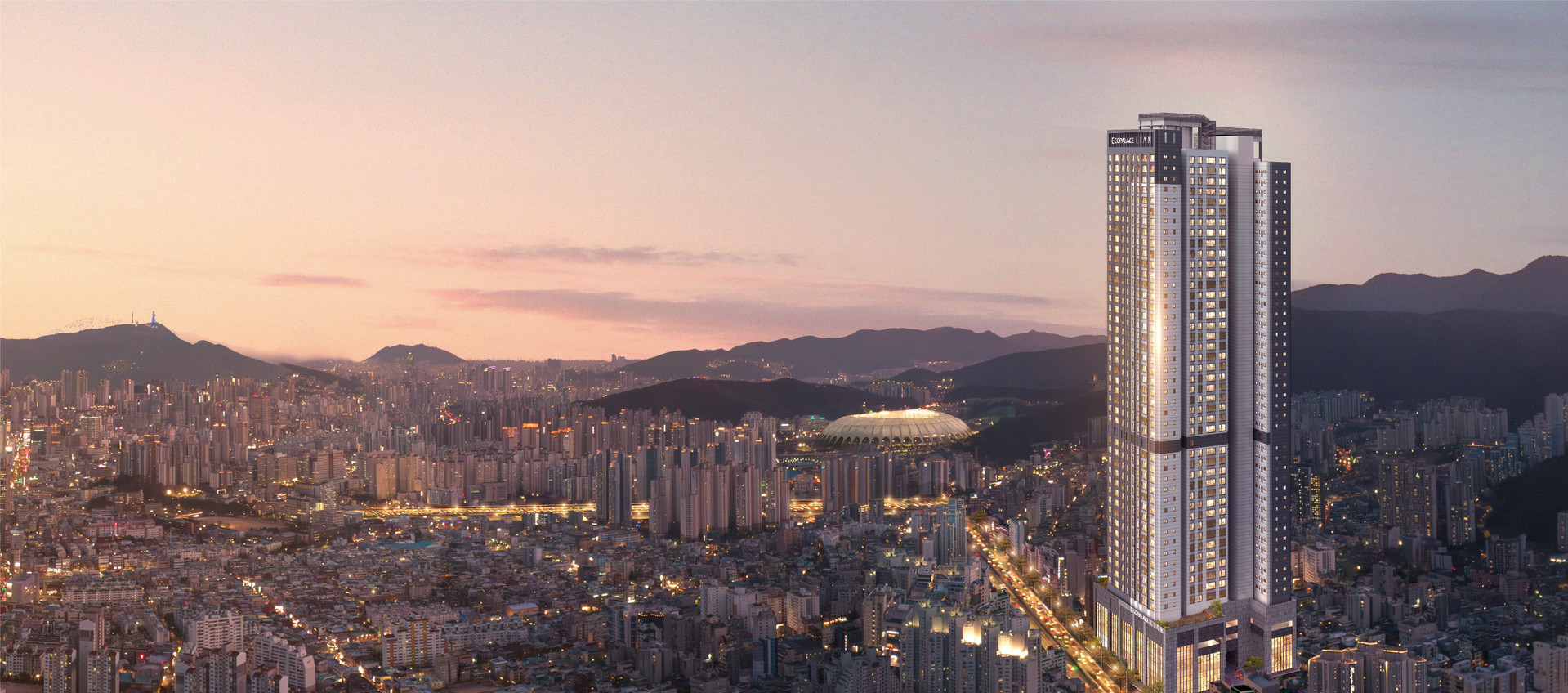 동래 에코팰리스 아시아드 리안 단지 메인 조감도 및 부산 동래구 랜드마크 주거 단지 외관 안내